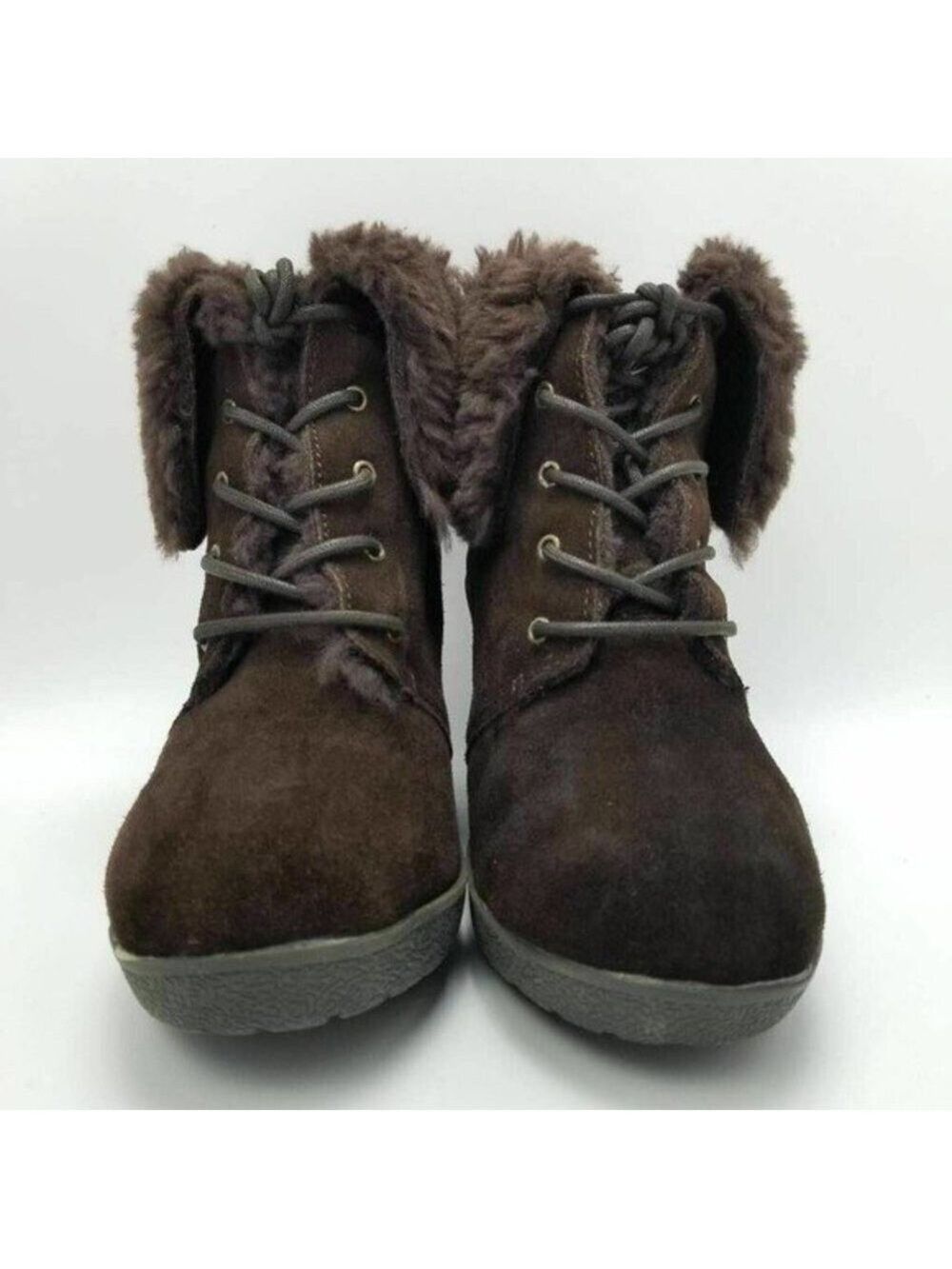 BEARPAW Flatiron Sheepskin Leather Suede Wedge Boots Brown Size 7 - Picture 11 of 11